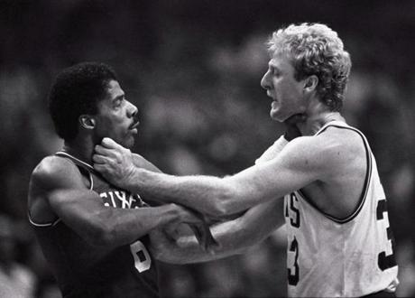 PHOTO COPYRIGHT TED GARTLAND: USE REQUIRES PAYMENT: AUTHORIZED FOR ONE TIME USE WITH ERIC MOSCOWITZ STORY ONLY. Boston, MA: Nov. 9, 1984: Julius Irving (left) of the Phildelphia 76ers and Larry Bird of the Boston Celtics during basketball game at Boston Garden in Boston, Mass., Nov. 9, 1984. Mandatory credit: copyright Ted Gartland Story/Eric Moskowitz, 07teddy
