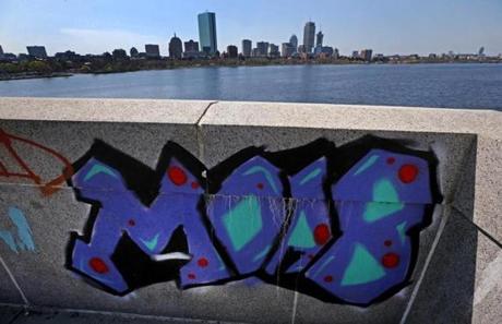 Even before the current round of repair work is complete on the Longfellow Bridge, graffiti has sprung up in various places on the structure. 
