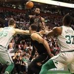 Boston MA 02/11/18 Cleveland Cavaliers LeBron James rising above the Boston Celtics defense during third quarter action at TD Garden. (Matthew J. Lee/Globe staff) topic: reporter: 