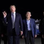 President Donald Trump speaks as he stands with Tony Kim, second left, Kim Dong Chul, center right, and Kim Hak Song, right, three Americans detained in North Korea for more than a year, after they arrived at Andrews Air Force Base in Md., Thursday, May 10, 2018. Vice President Mike Pence, left, and Secretary of State Mike Pompeo, second from right, listen. (AP Photo/Susan Walsh)