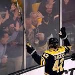 Boston04/12/18 Stanley Cup Playoffs- Bruins vs Maple Leafs- Bruins David Backes celebrates his 2nd period goal with the fans. Photo by John Tlumacki/Globe Staff(sports)