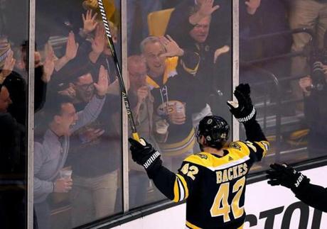 Boston04/12/18 Stanley Cup Playoffs- Bruins vs Maple Leafs- Bruins David Backes celebrates his 2nd period goal with the fans. Photo by John Tlumacki/Globe Staff(sports)
