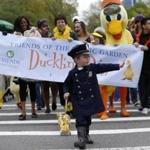 Jonathan Krygowski, 4, of Westford, blew the whistle as he led the Duckling Day parade dressed as Michael from the children's story, ?Make Way for Ducklings.? 