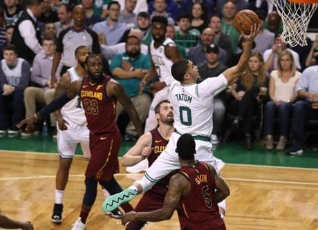 Boston MA 5/14/18 Boston Celtics Jaylen Brown drives to the basket against the Cleveland Cavaliers during first half action in the NBA Eastern Conference Finals at the TD Garden. (photo by Matthew J. Lee/Globe staff) topic: Celtics-Cavaliers reporter: Adam Himmelsbach
