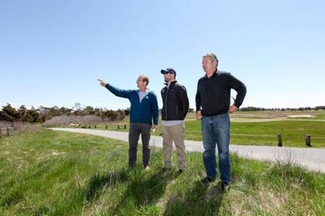 From left, Eric Savetsky, executive director of the Nantucket Land Bank; Sean Oberly, supervisor of the Miacomet Golf Course; and Neil Paterson, chairman of the Nantucket Land Bank. Land Bank officials say a dorm for seasonal workers is needed on the course to address the island?s housing crisis, which has made it so hard to find affordable apartments that some workers have been sleeping on basement floors or in old shipping containers.
