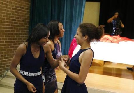 Roxbury, MA--5/16/2018-- (L-R) Rebecca Whittaker, 15, of Roxbury jokes with Nia Werin, 17, and Matayah Roderick, 15, after they tried on prom dresses they picked out during the Believe in Yourself event at the Boys and Girls Club of Roxbury. (Jessica Rinaldi/Globe Staff) Topic: 18dresses Reporter:
