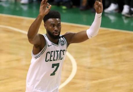 Boston MA 5/13/18 Boston Celtics Jaylen Brown reacting after knocking down a three point basket against the Cleveland Cavaliers during third quarter action of the NBA Eastern Conference finals at TD Garden. (photo by Matthew J. Lee/Globe staff) topic: reporter: 
