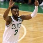 Boston MA 5/13/18 Boston Celtics Jaylen Brown reacting after knocking down a three point basket against the Cleveland Cavaliers during third quarter action of the NBA Eastern Conference finals at TD Garden. (photo by Matthew J. Lee/Globe staff) topic: reporter: 