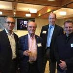 From left, former Biogen CEOs George Scangos, Walter Gilbert, Jim Mullen, and current CEO Michel Vounatsos at a celebration of the company?s 40th birthday.  