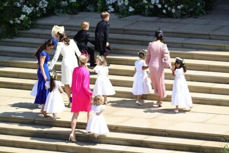Catherine, Duchess of Cambridge, bridesmaids and pageboys arriving for the royal wedding ceremony.
