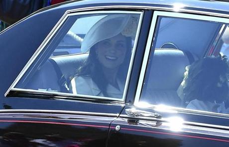 Kate, the Duchess of Cambridge, arrives for the wedding ceremony of Prince Harry and Meghan Markle.
