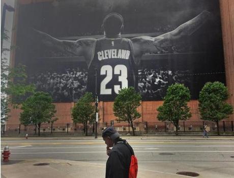 There is a giant mural of LeBron James on the side of a building near the Quicken Loans Arena in Cleveland.
