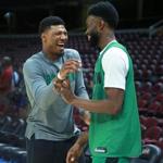 Cleveland, OH: 5-20-18: The Celtics Marcus Smart (left) and Jaylen Brown (right) have a laugh at practice. The Boston Celtics held a practice session to prepare for Game Four of their NBA Eastern Conference Finals playoff series vs. the Cleveland Cavaliers at the Quicken Loans Arena. (Jim Davis/Globe Staff)