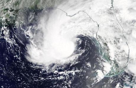 A satellite view of subtropical storm Alberto to the south west of Florida. Florida Governor Rick Scott has issued a state of emergency as the storm is expected to affect Florida. 
