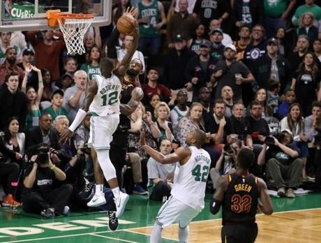 Boston MA 5/27/18 Boston Celtics Terry Rozier has his slam dunk attempt blocked by Cleveland Cavaliers LeBron James during third quarter action in game seven of the NBA Eastern Conference Finals at TD Garden. (photo by Matthew J. Lee/Globe staff) topic: reporter: 
