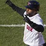Boston, Ma -April 5, 2018- Stan Grossfeld/Globe Staff- Opening Day at Fenway Park-Red Sox vs. Tampa-Jackie Bradley celebrates prematurely as he grounds out and thinks he?s safe. 