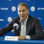 Philadelphia 76ers President of Basketball Operations Bryan Colangelo speaks with members of the media during a news conference at the NBA basketball team's practice facility in Camden, N.J., Friday, May 11, 2018. (AP Photo/Matt Rourke)