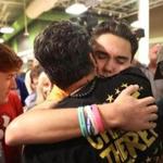David Hogg hugged Manuel Oliver, whose son Joaquin Oliver, was killed in the Marjory Stoneman Douglas High School mass shooting.