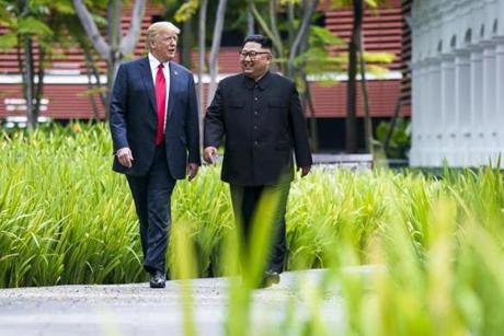 President Trump and Kim Jong Un, the leader of North Korea, walked together in Singapore.
