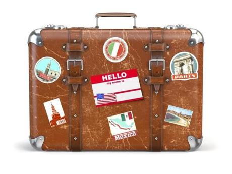 Old suitcase beggage with travel stickers isolated on white background. 3d illustration
