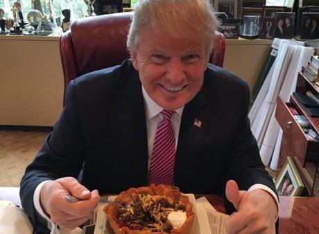 President Donald Trump enjoyed a taco bowl in a picture posted on Twitter on May 5, 2016. 
