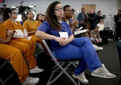 Ashley McSween waited with her question during the candidates forum at the South Bay House of Correction.
