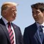 FILE- In this June 8, 2018, file photo, President Donald Trump talks with Canadian Prime Minister Justin Trudeau during a G-7 Summit welcome ceremony in Charlevoix, Canada. Canada announced Friday, June 29, billions of dollars in retaliatory tariffs against the U.S. in response to the Trump administration's duties on Canadian steel and aluminum, saying Friday it won't back down. (AP Photo/Evan Vucci, File)
