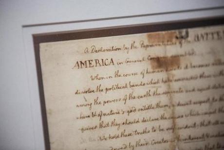 NEW YORK, NY - JULY 01: A copy of The Declaration Of Independence is displayed at the New York Public Library on July 1, 2014 in New York City. The copy, which was written by Thomas Jefferson, will be on display through July 3. (Photo by Andrew Burton/Getty Images)
