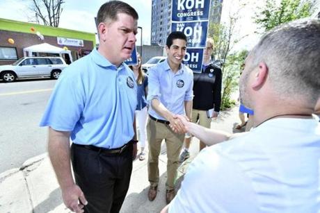 Boston Mayor Martin J. Walsh and his former chief of staff, Dan Koh, campaigned together in Haverhill. The city is part of the Massachusetts Third Congressional District, where Koh is one of 10 Democrats vying for the party?s nomination on Sept. 4.
