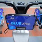 Blue Bikes docked in Kendall Square.