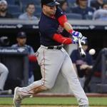 Boston Red Sox Steve Pearce connects for a base hit against the New York Yankees during the fourth inning of a baseball game Friday, June 29, 2018, in New York. (AP Photo/Julie Jacobson)