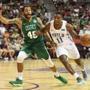 LAS VEGAS, NV - JULY 06: Demetrius Jackson #11 of the Philadelphia 76ers drives against Pierria Henry #49 of the Boston Celtics during the 2018 NBA Summer League at the Thomas & Mack Center on July 6, 2018 in Las Vegas, Nevada. NOTE TO USER: User expressly acknowledges and agrees that, by downloading and or using this photograph, User is consenting to the terms and conditions of the Getty Images License Agreement. (Photo by Ethan Miller/Getty Images)