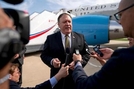US Secretary of State Mike Pompeo speaks to members of the media following two days of meetings with Kim Yong Chol, a North Korean senior ruling party official and former intelligence chief, before boarding his plane at Sunan International Airport in Pyongyang on July 7, 2018. Pompeo held talks in an elegant Pyongyang guest house for a second day with North Korean leader Kim Jong Un's right-hand man Kim Yong Chol. / AFP PHOTO / POOL / Andrew HarnikANDREW HARNIK/AFP/Getty Images
