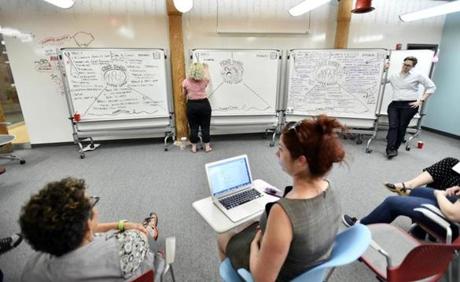 Erin King, creative director for Collective Next, worked as the graphic facilitator during a board meeting of Girls Rock Camp Boston, while Kris Henry (right), worked as the meeting facilitator. 
