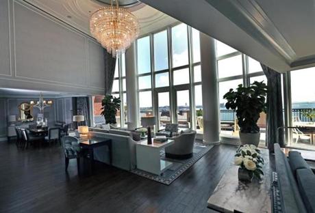 The main living area of the new, $15,000-a-night Presidential Suite at the Boston Harbor Hotel in Boston. This is now the most expensive hotel room in Boston.
