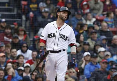 Boston, MA--5/27/2018-- Dustin Pedroia reacts after striking out during the eighth inning of the Red Sox v. Braves at Fenway Park. (Jessica Rinaldi/Globe Staff) Topic: Reporter:
