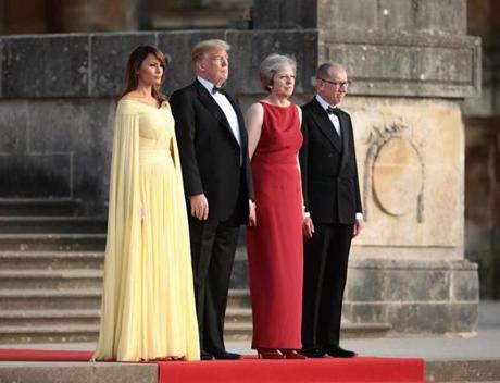 WOODSTOCK, ENGLAND - JULY 12: Britain's Prime Minister Theresa May and her husband Philip May greet U.S. President Donald Trump, First Lady Melania Trump at Blenheim Palace on July 12, 2018 in Woodstock, England. Blenheim Palace is the birth place of the great wartime British Prime Minister, Winston Churchill, of whom the President is a big fan. The Prime Minister hosted dinner for the President and First Lady and business leaders as part of the First Couple's official visit to the UK. (Photo by Dan Kitwood/Getty Images)
