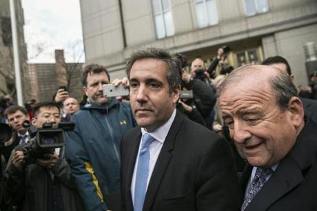 FILE -- Michael Cohen, President Donald Trump's former lawyer and fixer, leaves federal court in New York for a hearing on April 26, 2018. Cohen escalated his dispute with the president on July 24 by releasing a secret recording of a conversation in which Trump appears to have knowledge about hush money payments to a former Playboy model who said she had an affair with Trump. (Jeenah Moon/The New York Times)

