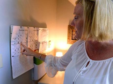 Scituate 07/09/2018: Lisa Blake, a professional organizer, looks at the schedule in the Command Central space of her Scituate home. The space was created to organize and post her three boys schedules for upcoming events. Photo by Debee Tlumacki for the Boston Globe (regional)
