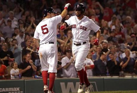 Boston, MA - 8/22/2018 - (7th inning) Boston Red Sox shortstop Xander Bogaerts (2) is greeted by Boston Red Sox second baseman Ian Kinsler (5) after his second solo home run of the game in the seventh inning. The Boston Red Sox host the Cleveland Indians in Game 3 of a four game series at Fenway Park. - (Barry Chin/Globe Staff), Section: Sports, Reporter: Peter Abraham, Topic: 23Red Sox-Indians, LOID:8.4.2915669176.
