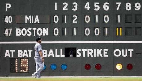 Boston, MA: 8-28-18: The scoreboard behind Marlins LF Austin Dean tells the story of the 11 run Red Sox seventh inning. The Boston Red Sox hosted the Miami Marlins in a regular season inter league MLB baseball game at Fenway Park. (Jim Davis/Globe Staff) 
