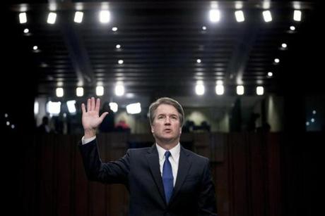 FILE - In this Sept. 4, 2018, file photo, Supreme Court nominee Brett Kavanaugh is sworn-in before the Senate Judiciary Committee on Capitol Hill in Washington. (AP Photo/Andrew Harnik, file)

