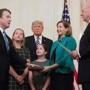 Brett Kavanaugh was ceremoniously sworn-in as Associate Justice of the US Supreme Court by retired Associate Justice Anthony Kennedy. President Trump stood with Brett Kavanaugh?s wife, Ashley Estes Kavanaugh, and their daughters Margaret and Elizabeth.