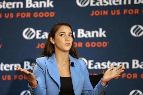 BOSTON, MA - 10/16/2018: Olympic gymnast Aly Raisman talked about sex abuse in the lobby of Eastern Bank's headquarters on Franklin Street (David L Ryan/Globe Staff ) SECTION: METRO TOPIC 17aly
