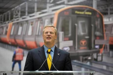 Mass. Gov Charlie Baker speaks after he toured a new factory where the Chinese company CRRC will build new MBTA cars for the Red and Orange lines, in Springfield, MA on Thursday, October 12, 2017. (Matthew Cavanaugh for The Boston Globe)
