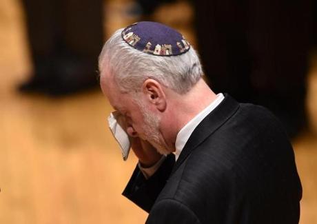 Rabbi Hazzan Jeffrey Myers of the Tree of Life Synagogue in Pittsburgh cried during a vigil held Sunday to remember the victims of the shooting at his synagogue the day before.
