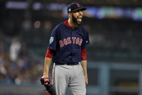 Los Angeles, CA - 10/28/2018 - Red Sox starting pitcher David Price reacts after closing out the Dodgers in the seventh inning.The Los Angeles Dodgers host the Boston Red Sox in Game 5 of the World Series at Dodger Stadium. (Jim Davis/Globe staff)
