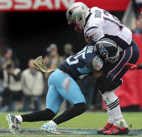 Nashville TN 11/11/18 New England Patriots Tom Brady is sacked by Tennessee Titans Logan Ryan during second quarter action at Nissan Field. (photo by Matthew J. Lee/Globe staff) topic: reporter: 
