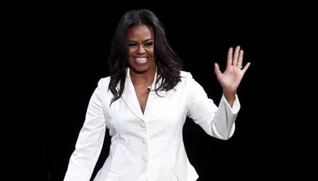 Michelle Obama greeted the crowd at a stop at the Forum in Inglewood, Calif.  
