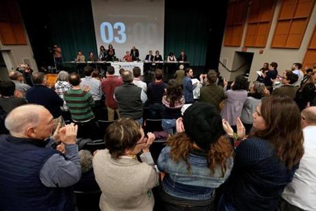 Newton, MA - 11/27/2018 - Newton public school teachers protest during a public meeting at Newton South High School in support of their colleagues who it's been alleged are teaching pro-Muslim curriculum. - (Barry Chin/Globe Staff), Section: Metro, Reporter: Laura Crimaldi, Topic: 28newton, LOID: 8.4.3959096869.

